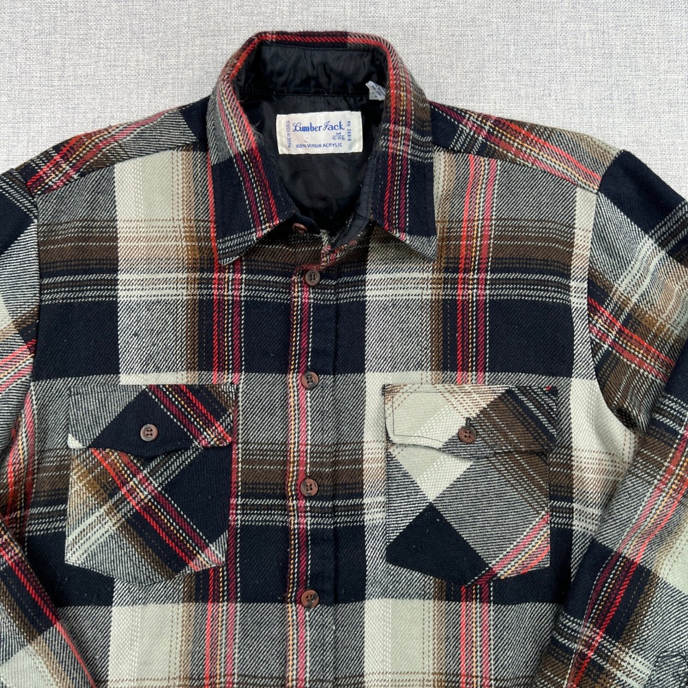 Vintage 70s Lumber Jack Plaid Shirt Jacket Mens M CPO Virgin Acrylic Flannel‎